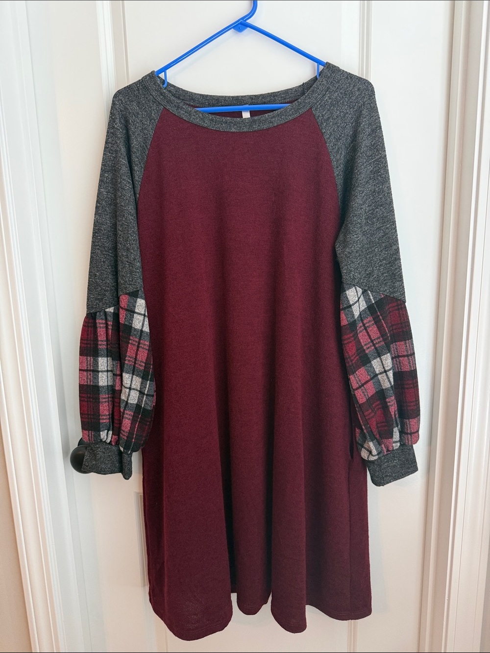 Burgundy & Gray Plaid Sleeve Swing Dress